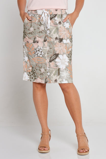 Printed Crushed Drawstring Pocket Skirt - Khaki/Peach Floral