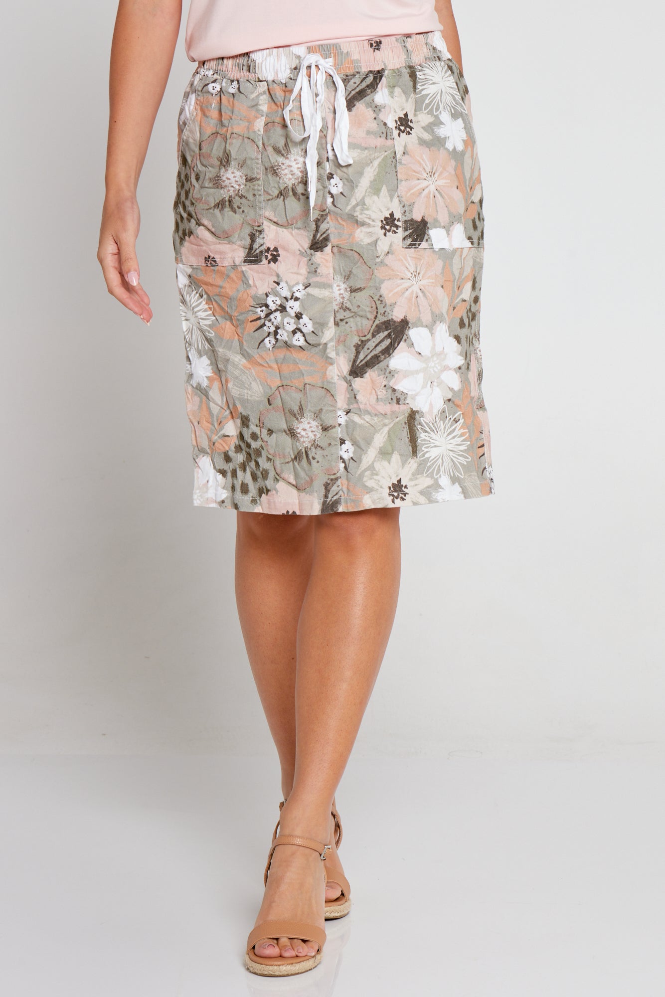 Printed Crushed Drawstring Pocket Skirt - Khaki/Peach Floral