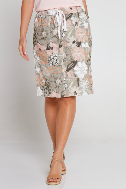 Printed Crushed Drawstring Pocket Skirt - Khaki/Peach Floral