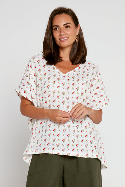 Layla Cotton Muslin Top - White/Red Floral