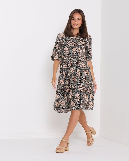 Priyanka Dress - Black/Latte Paisley