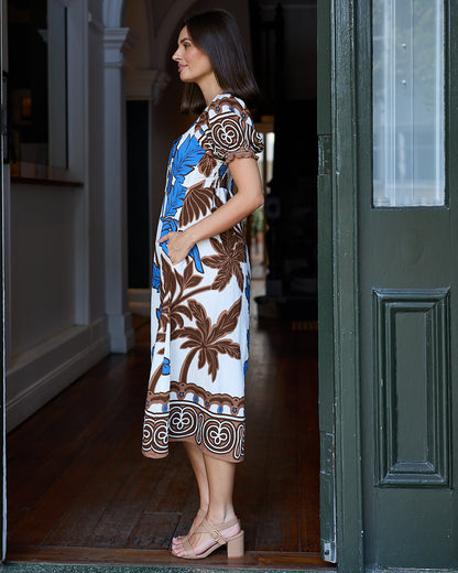 Adelina Puff Sleeve Dress - Blue/Choc