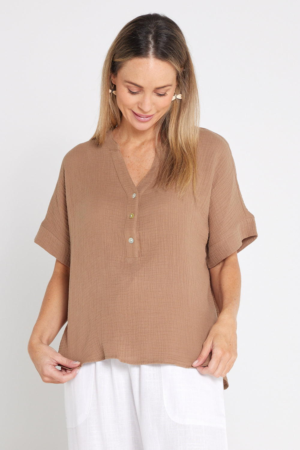 Gracie Cotton Muslin Top - Bark