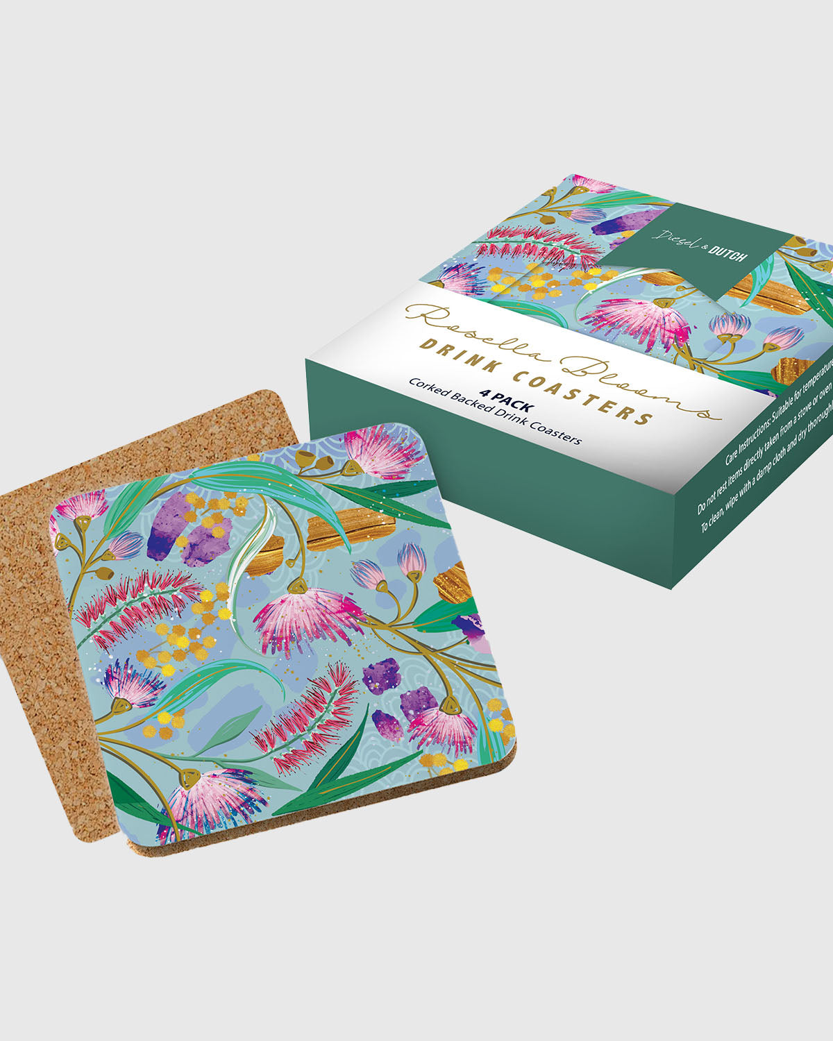 Rosella Blooms Cork-Backed Coasters (4 Pack)