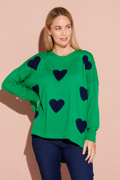Reed Knit Top - Green/Navy Heart