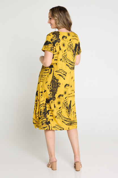 River Linen Dress - Mustard Sketch