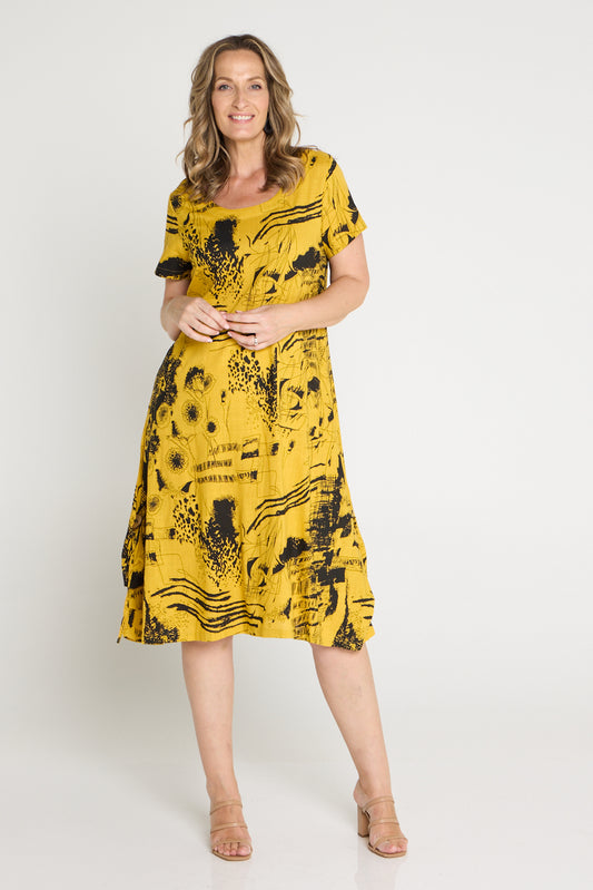 River Linen Dress - Mustard Sketch