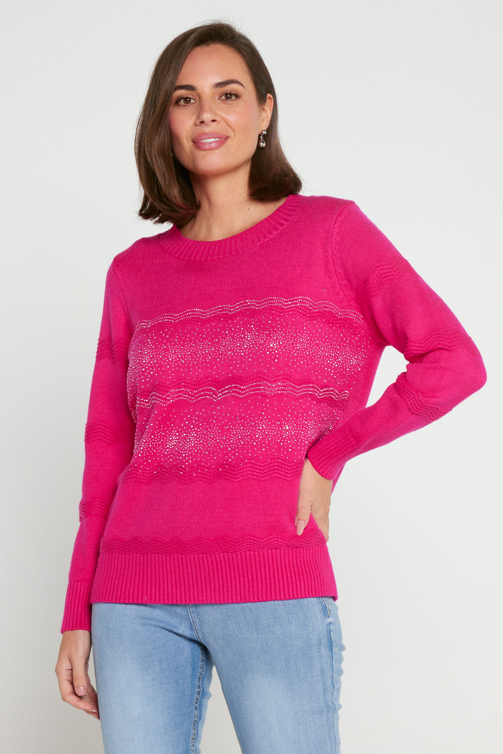 Robbie Rhinestone Knit Jumper - Hot Pink