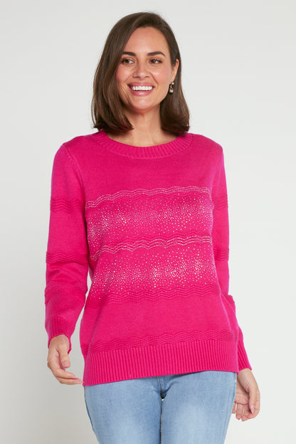 Robbie Rhinestone Knit Jumper - Hot Pink