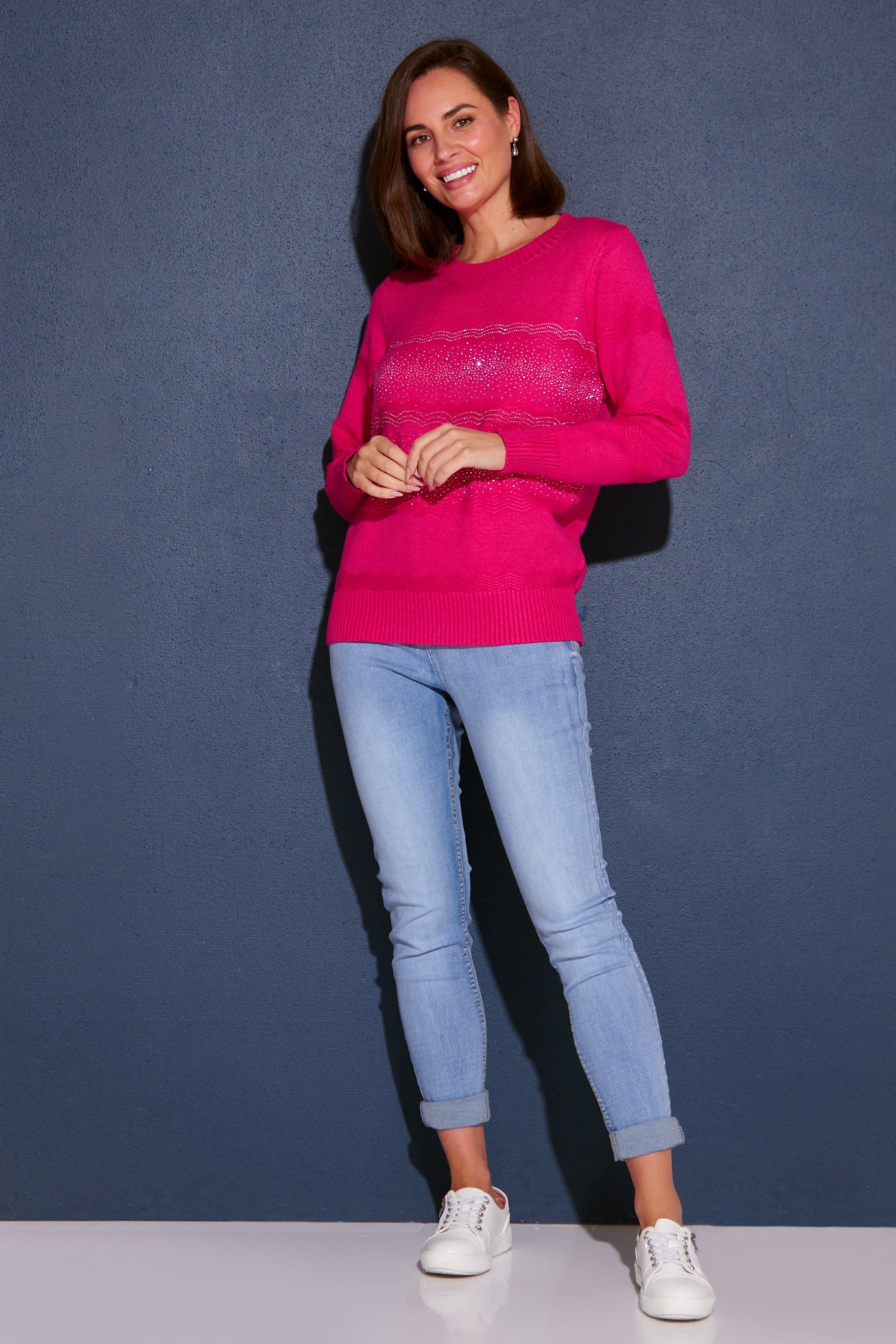 Robbie Rhinestone Knit Jumper - Hot Pink