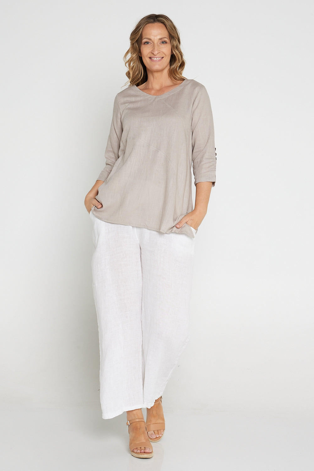 Janine Linen Top - Taupe
