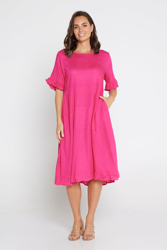 Nasira Linen Dress - Hot Pink