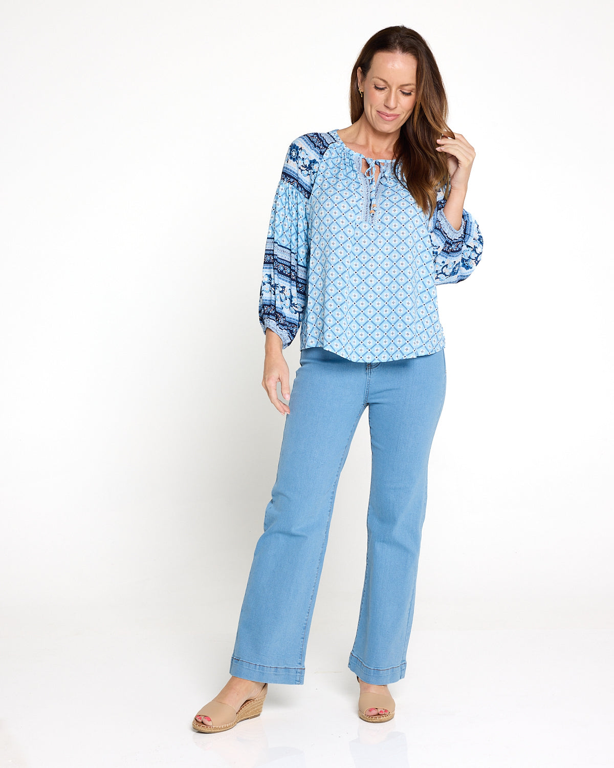 Marbella Tie Neck Blouse – Blue Mosaic