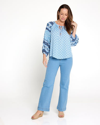 Marbella Tie Neck Blouse – Blue Mosaic