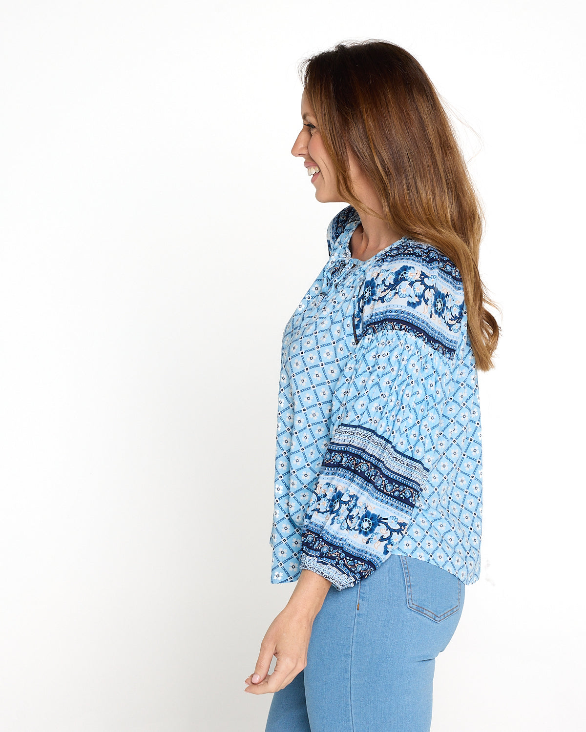 Marbella Tie Neck Blouse – Blue Mosaic