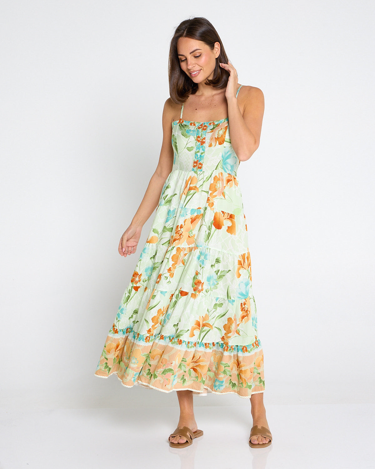 Toliara Sleeveless Dress - Mint/Tan Floral
