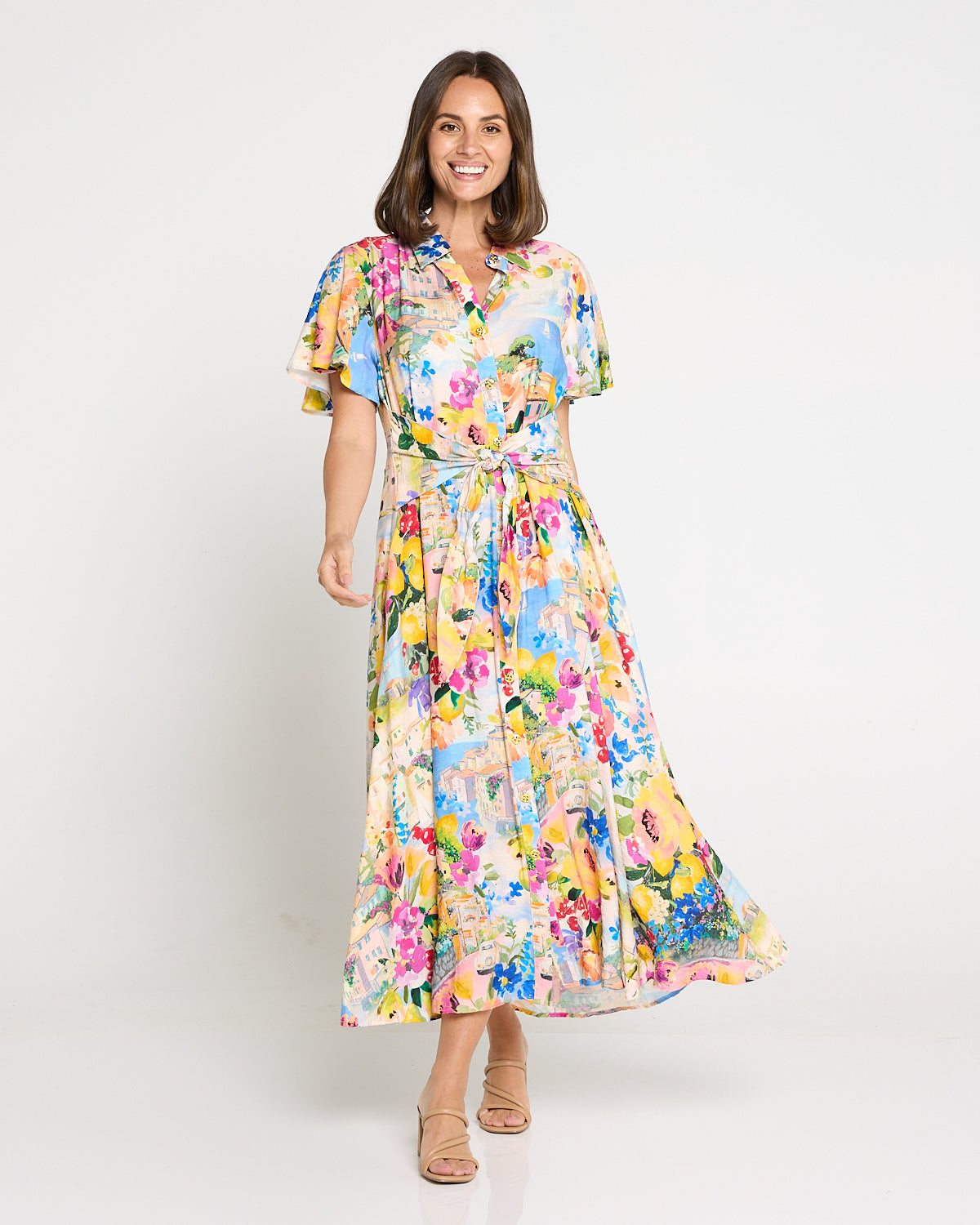 Costa Brava Tie Waist Shirt Dress - Seaside Vista