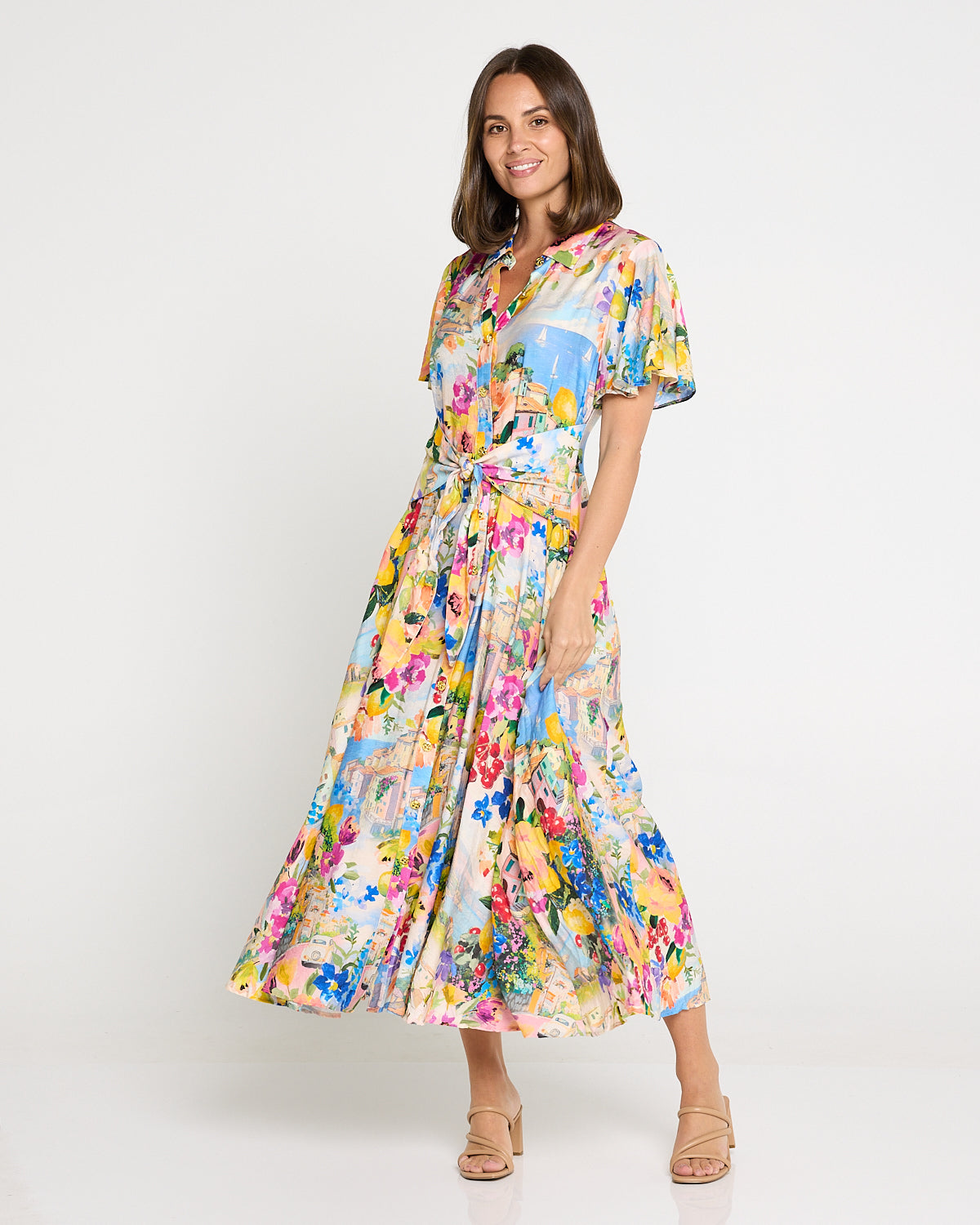 Costa Brava Tie Waist Shirt Dress - Seaside Vista