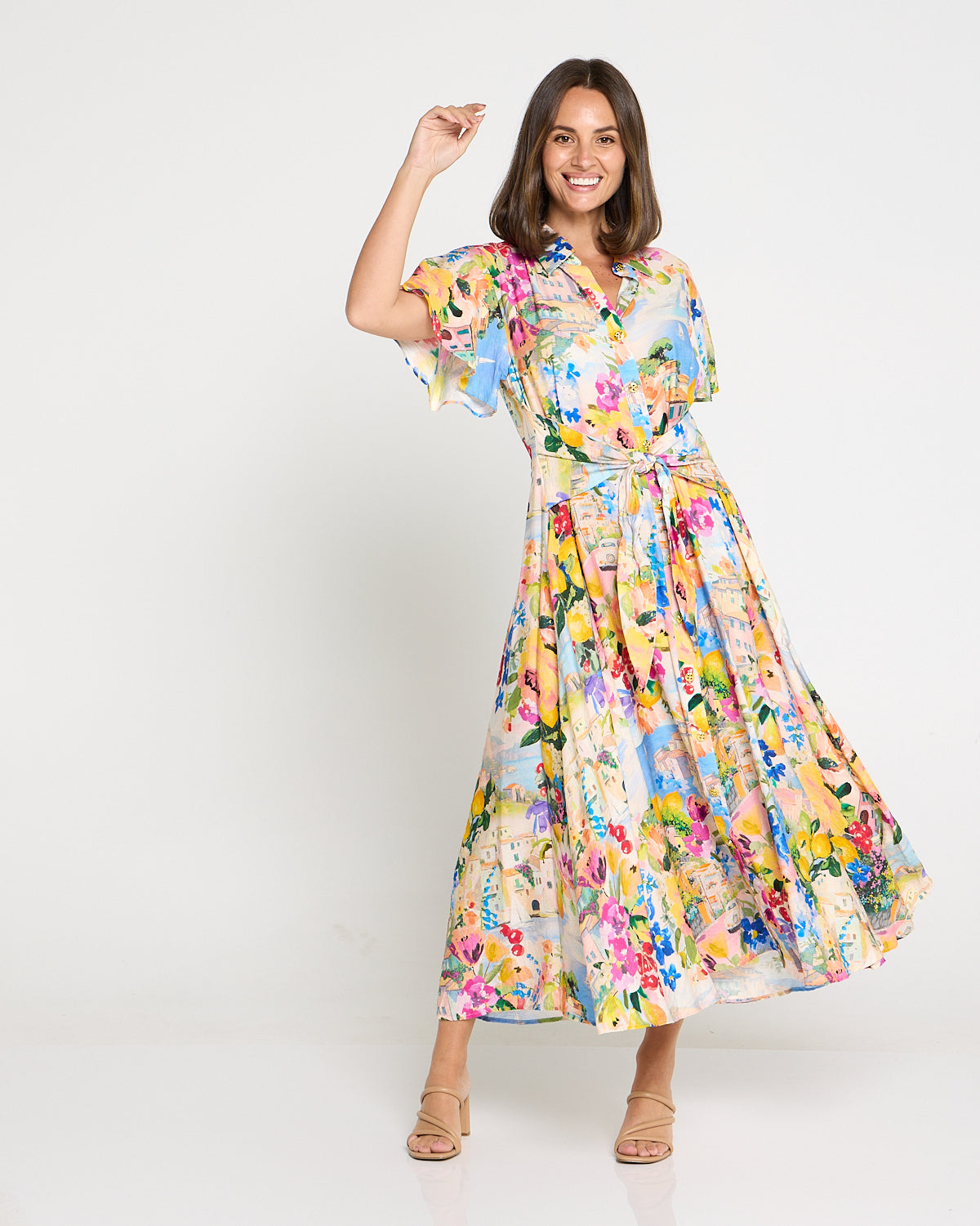 Costa Brava Tie Waist Shirt Dress - Seaside Vista