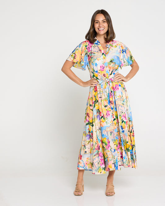 Costa Brava Tie Waist Shirt Dress - Seaside Vista