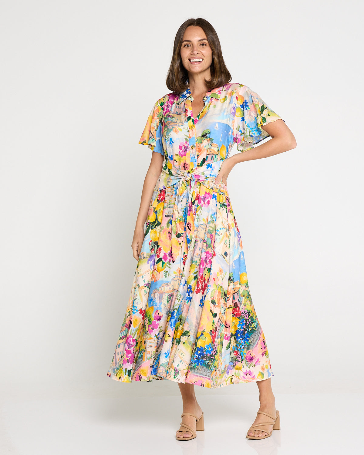 Costa Brava Tie Waist Shirt Dress - Seaside Vista