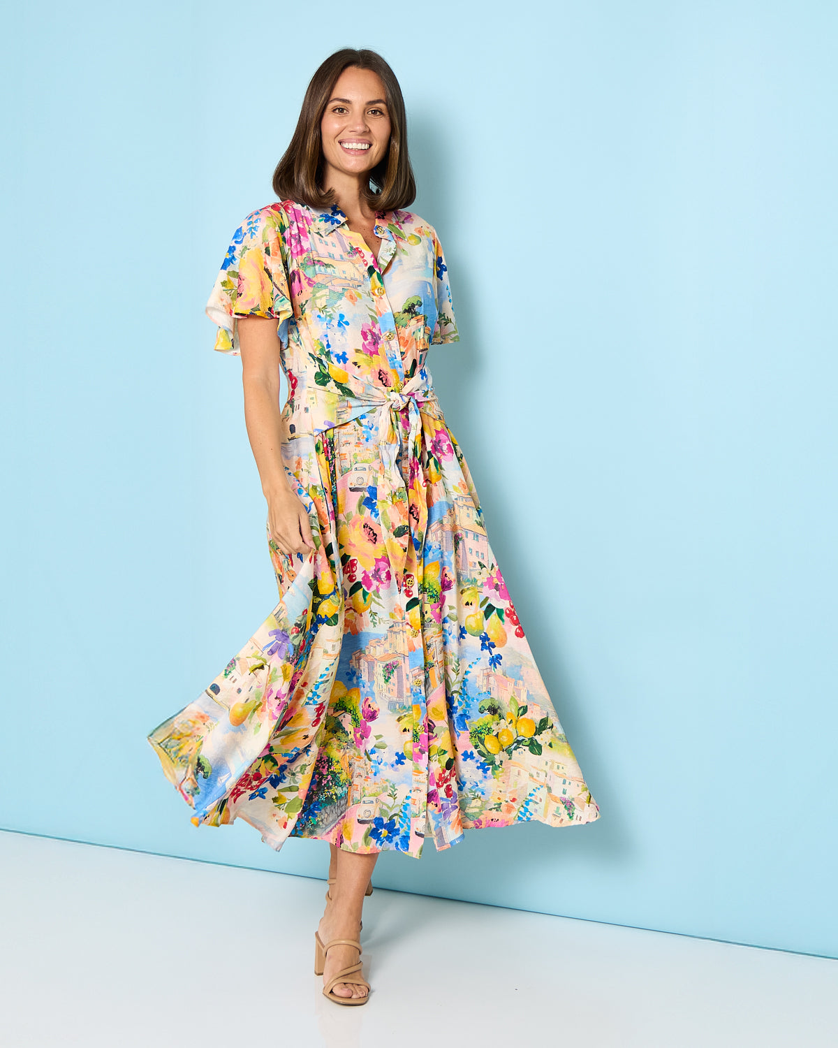 Costa Brava Tie Waist Shirt Dress - Seaside Vista