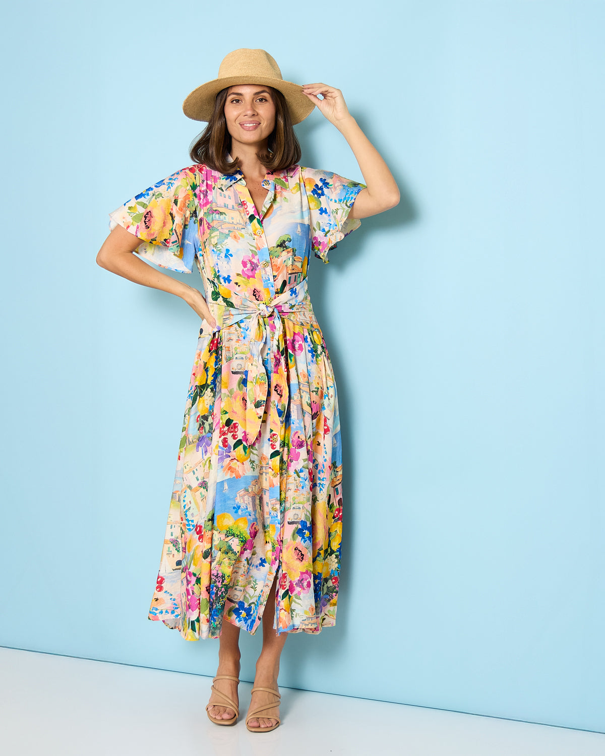 Costa Brava Tie Waist Shirt Dress - Seaside Vista