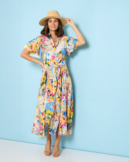 Costa Brava Tie Waist Shirt Dress - Seaside Vista