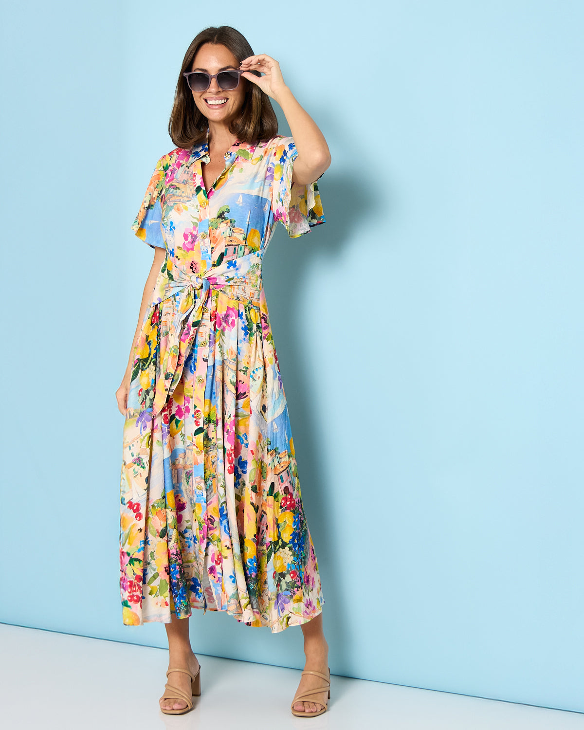 Costa Brava Tie Waist Shirt Dress - Seaside Vista