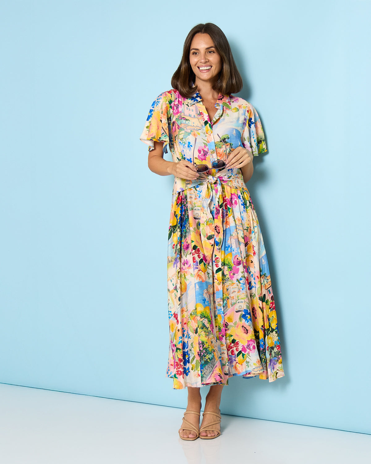 Costa Brava Tie Waist Shirt Dress - Seaside Vista