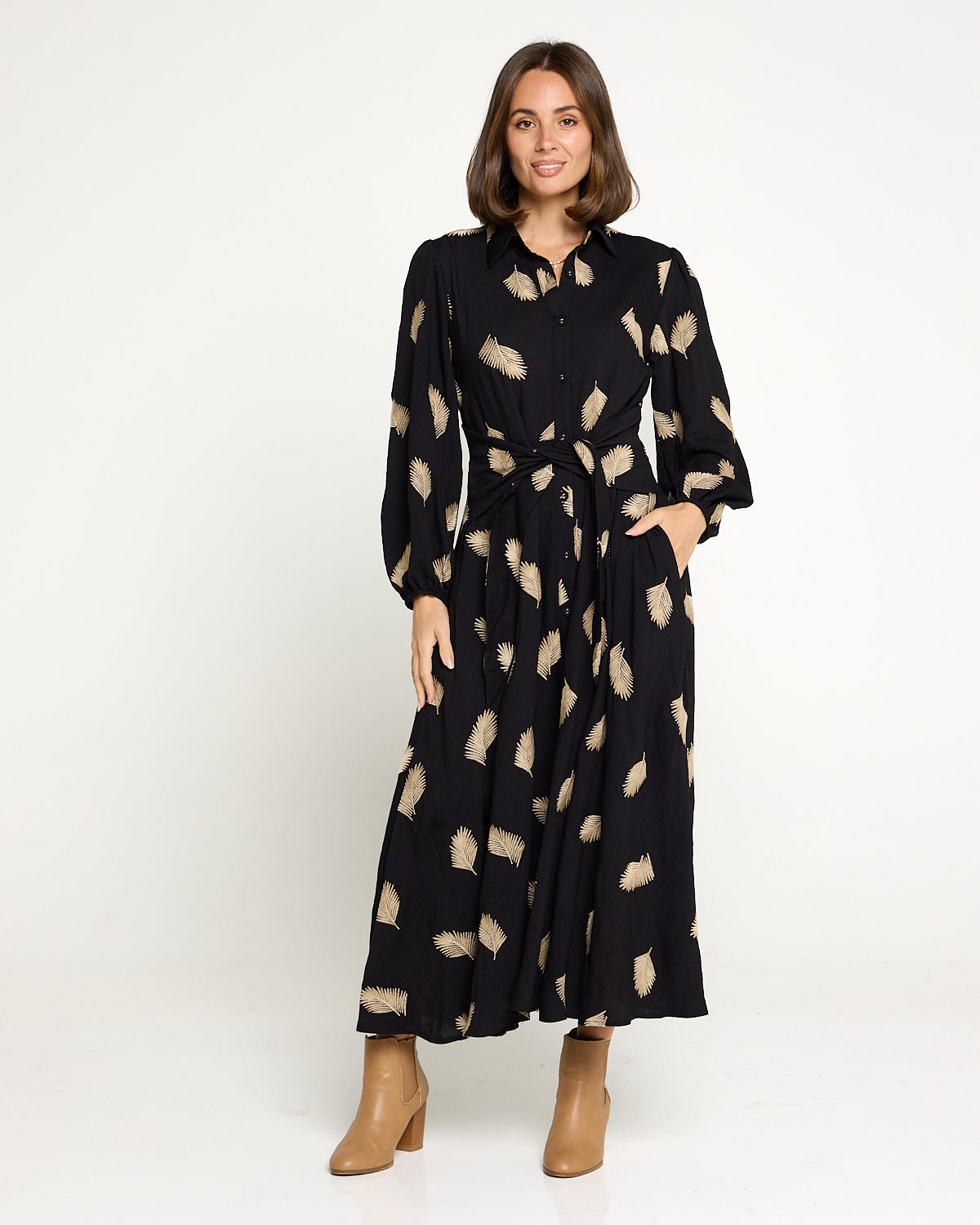 Jaycee Dress - Black/Gold Embroided Leaf