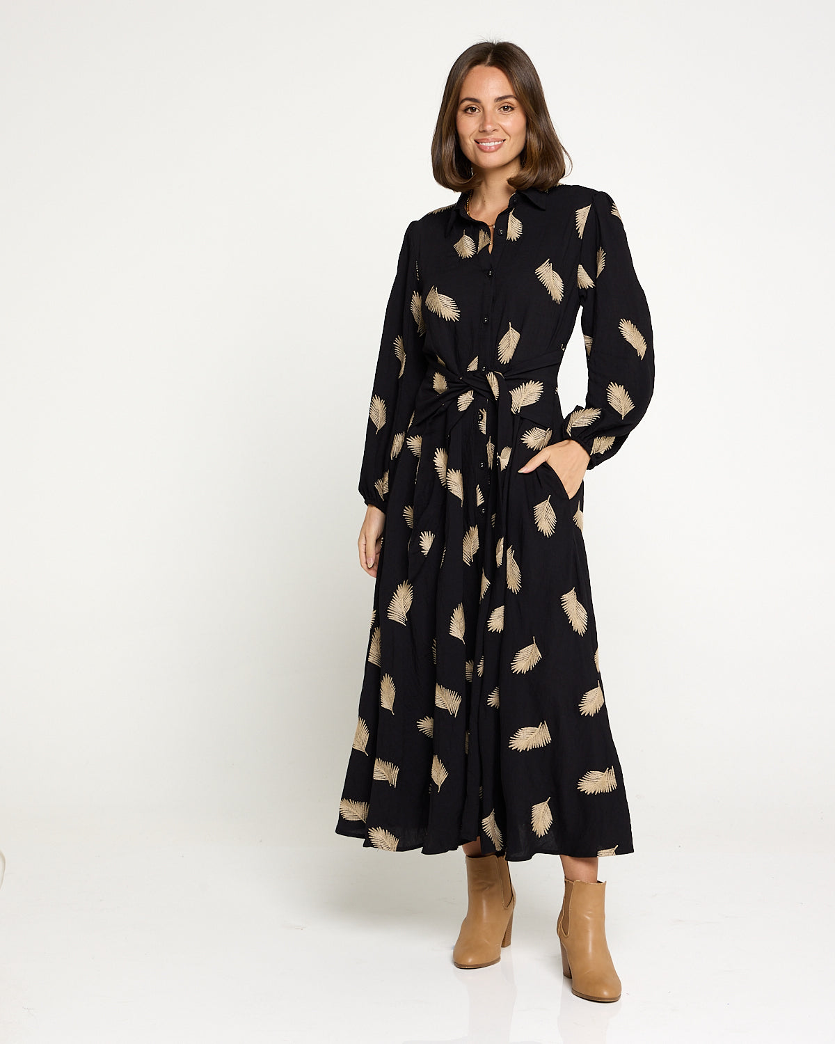 Jaycee Dress - Black/Gold Embroided Leaf