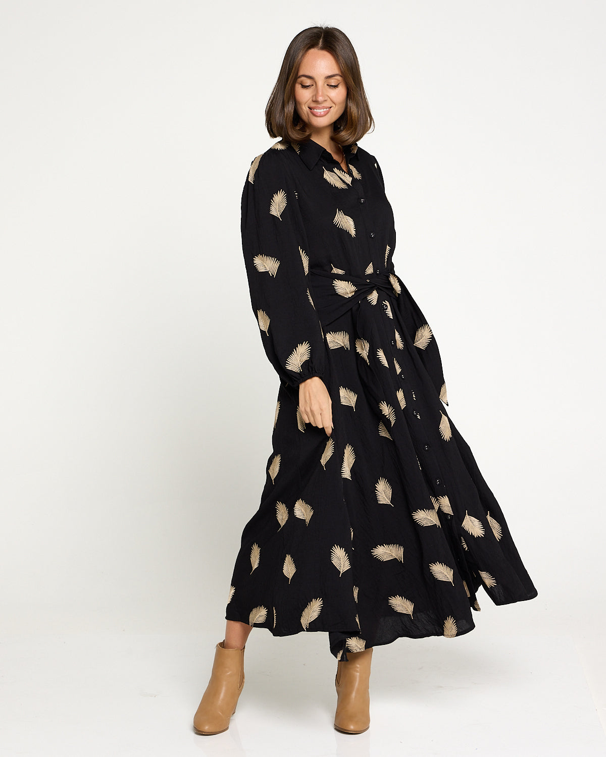 Jaycee Dress - Black/Gold Embroided Leaf