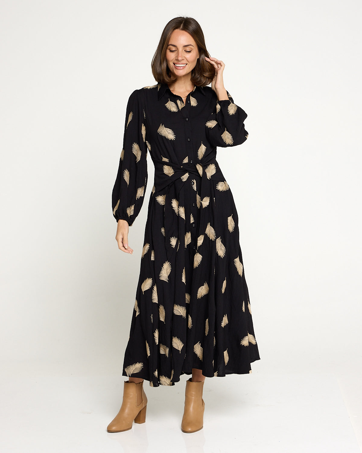 Jaycee Dress - Black/Gold Embroided Leaf