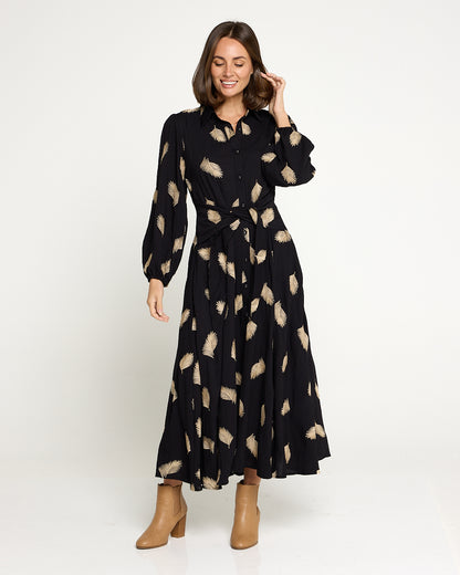Jaycee Dress - Black/Gold Embroided Leaf