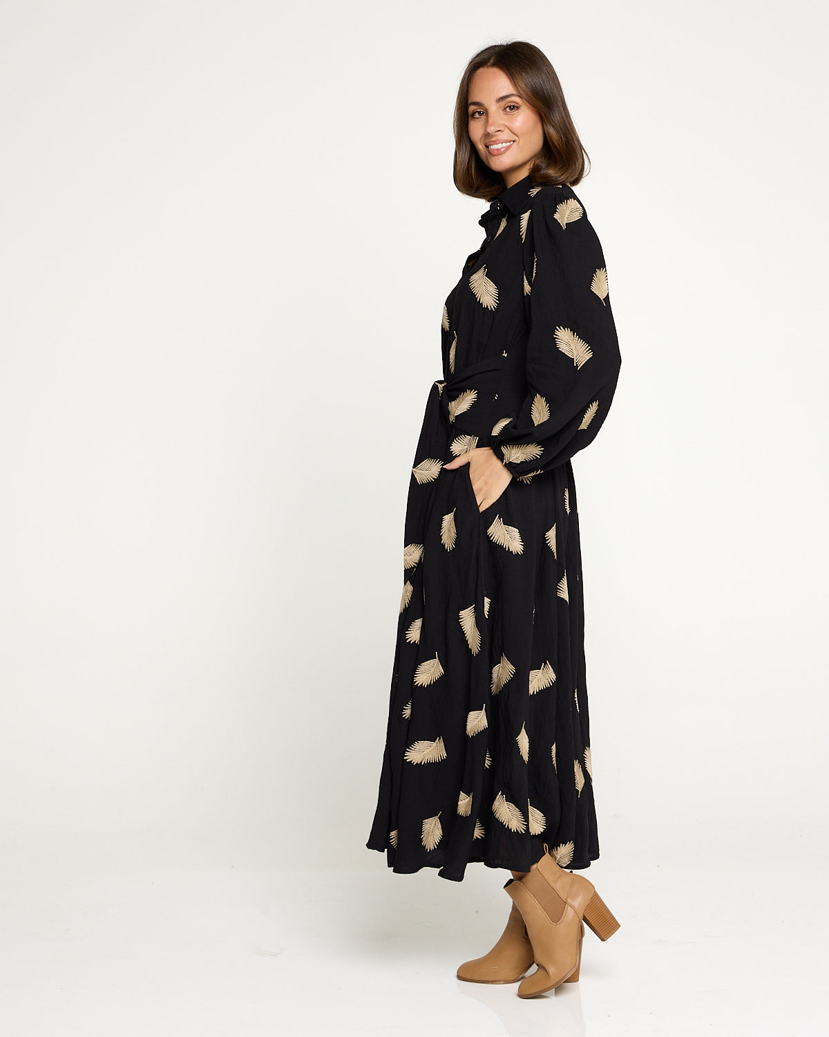 Jaycee Dress - Black/Gold Embroided Leaf