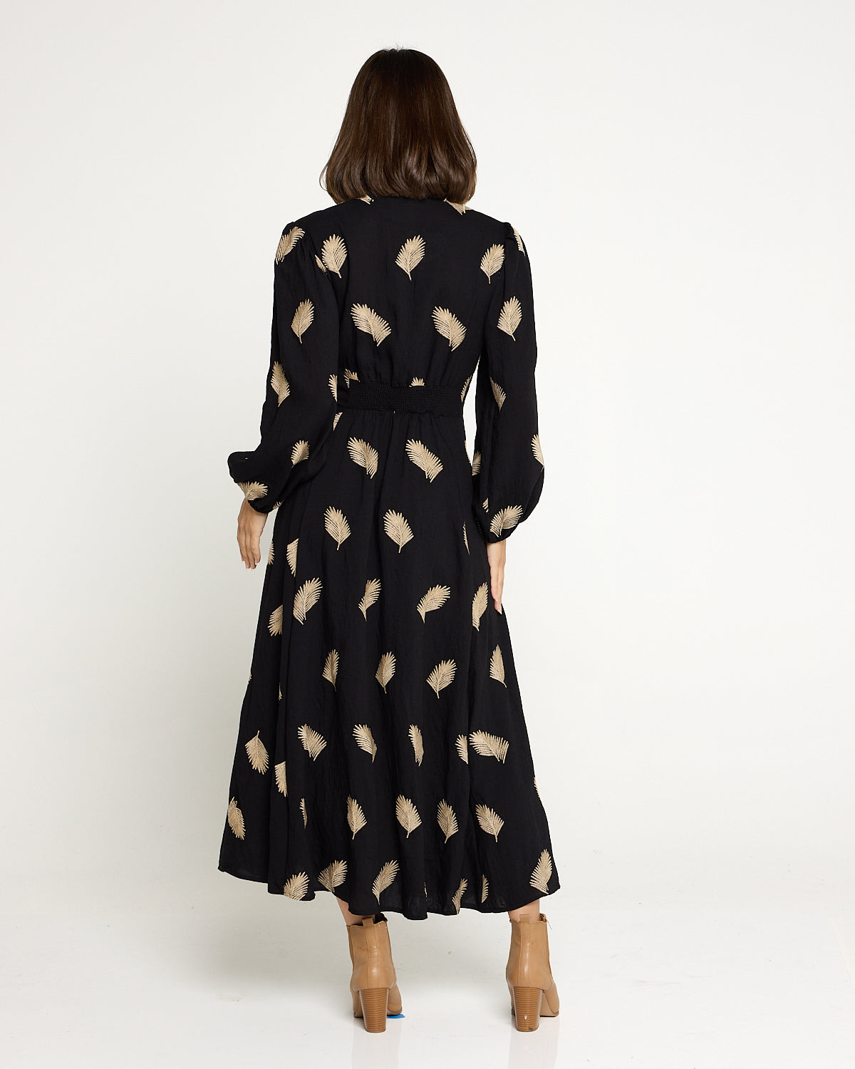 Jaycee Dress - Black/Gold Embroided Leaf