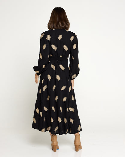 Jaycee Dress - Black/Gold Embroided Leaf