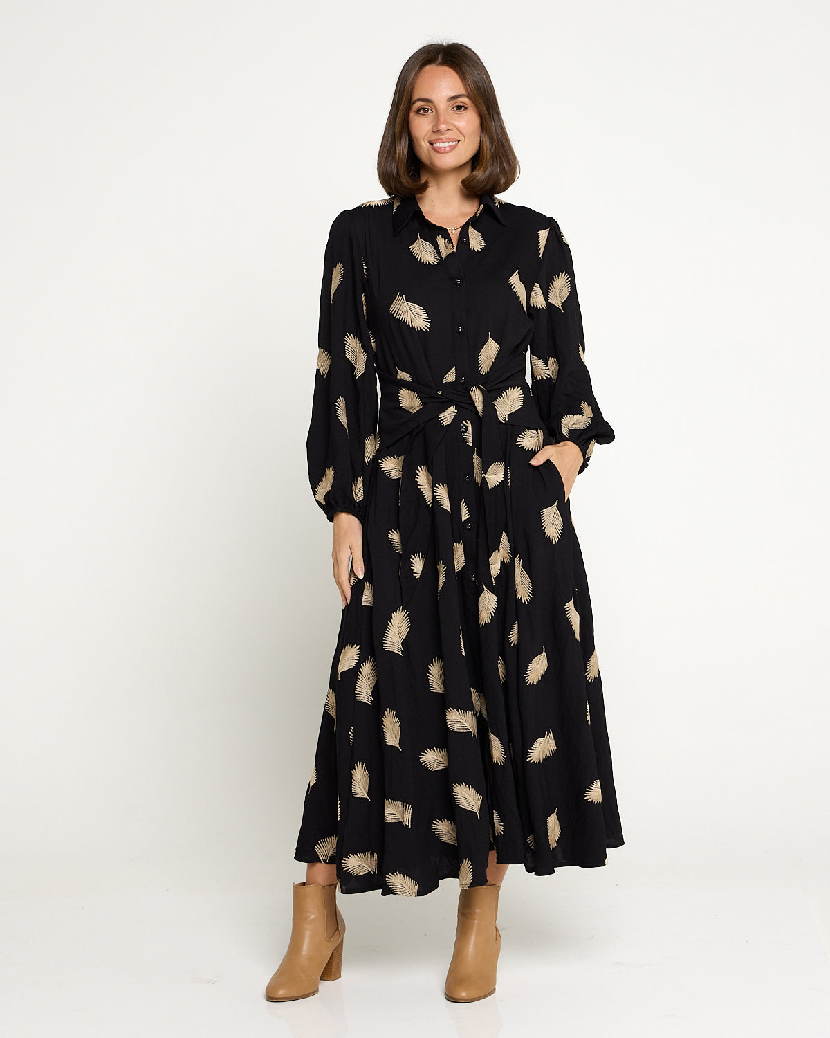 Jaycee Dress - Black/Gold Embroided Leaf