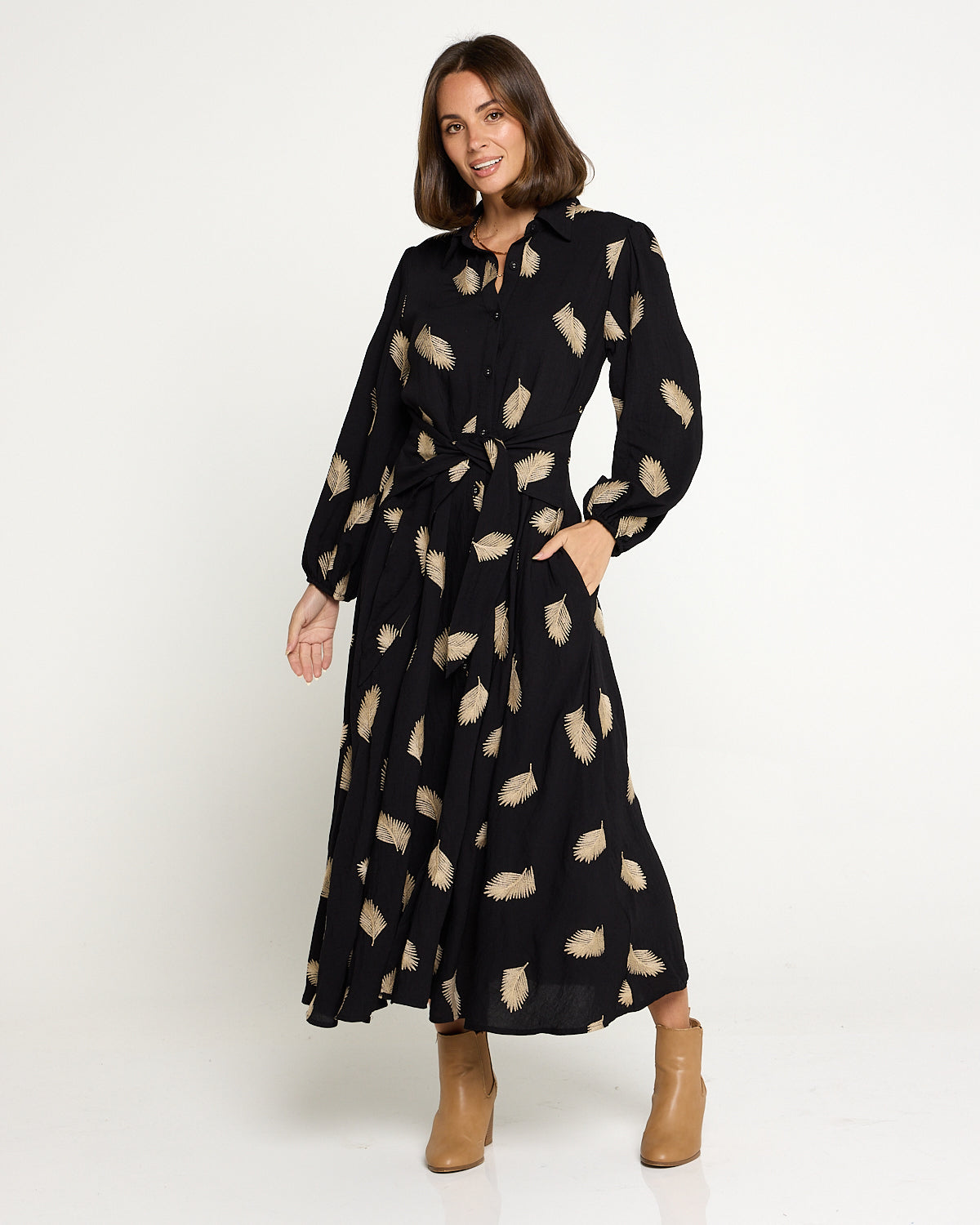 Jaycee Dress - Black/Gold Embroided Leaf