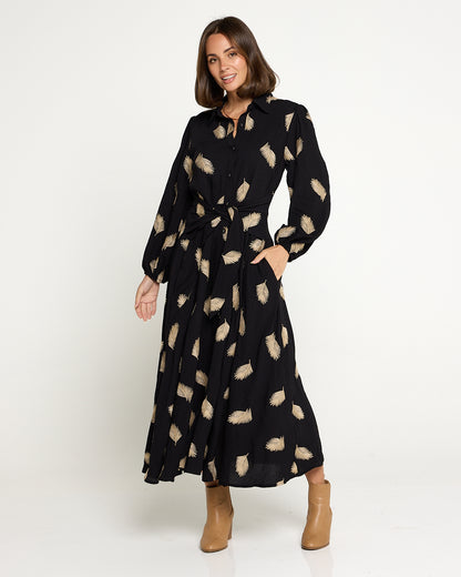 Jaycee Dress - Black/Gold Embroided Leaf