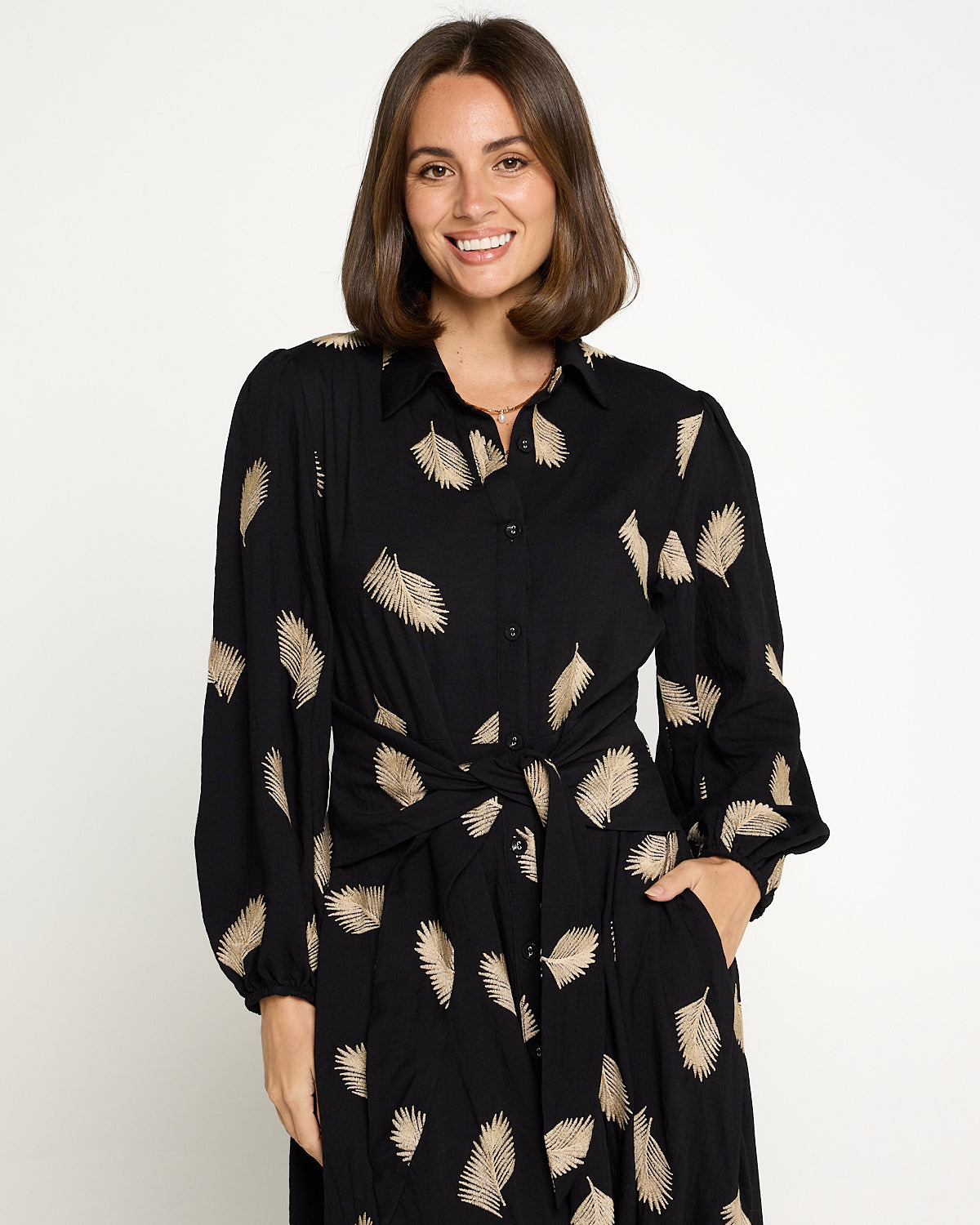 Jaycee Dress - Black/Gold Embroided Leaf