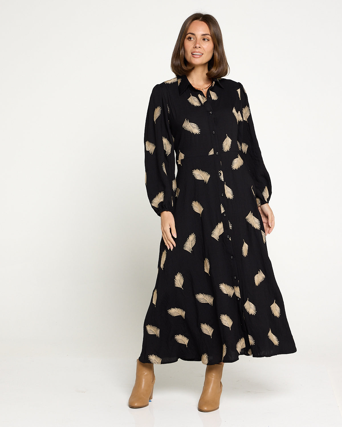 Jaycee Dress - Black/Gold Embroided Leaf