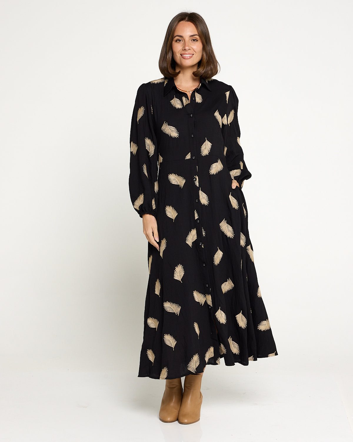 Jaycee Dress - Black/Gold Embroided Leaf