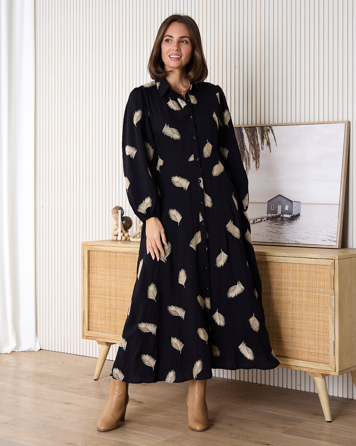 Jaycee Dress - Black/Gold Embroided Leaf