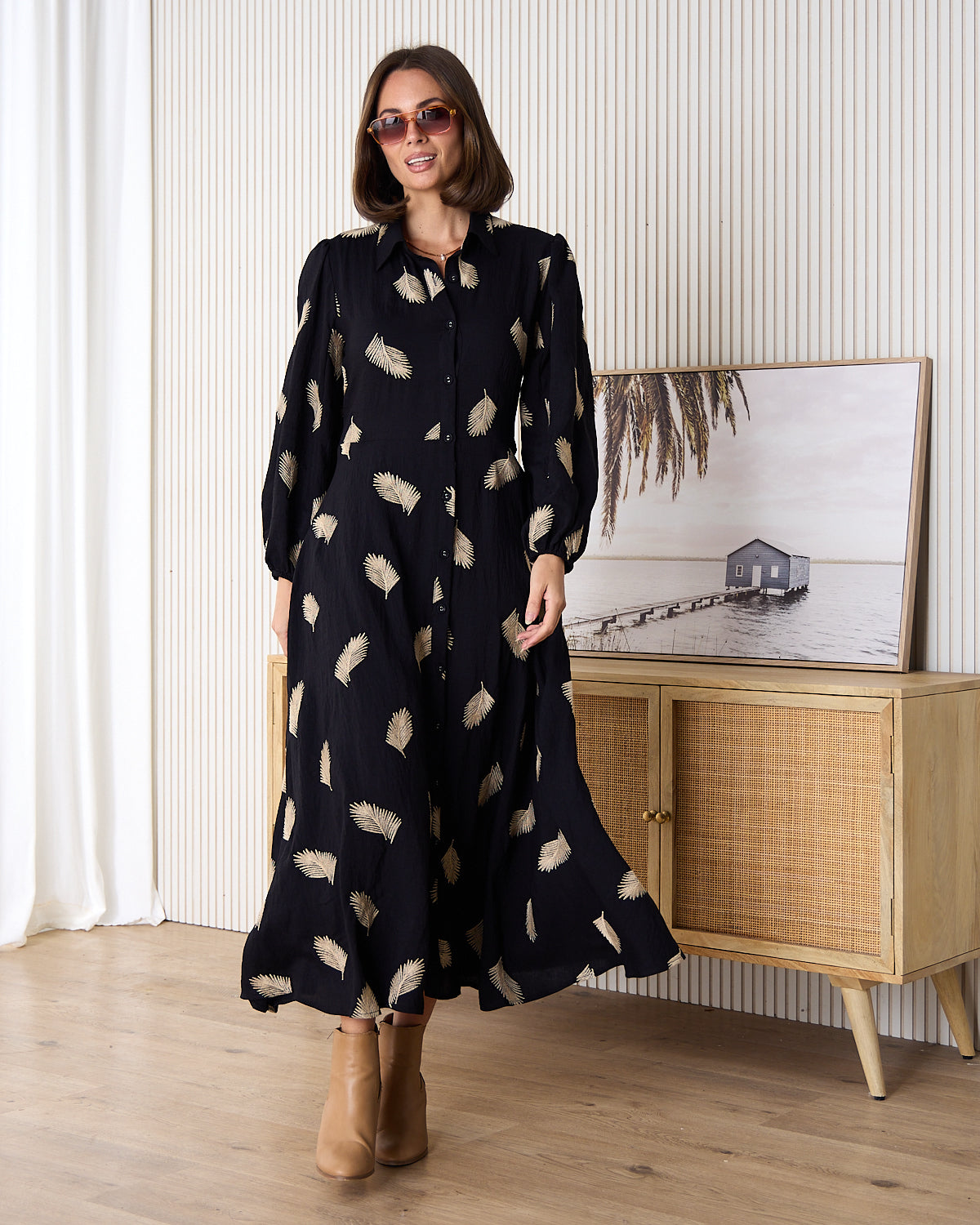 Jaycee Dress - Black/Gold Embroided Leaf