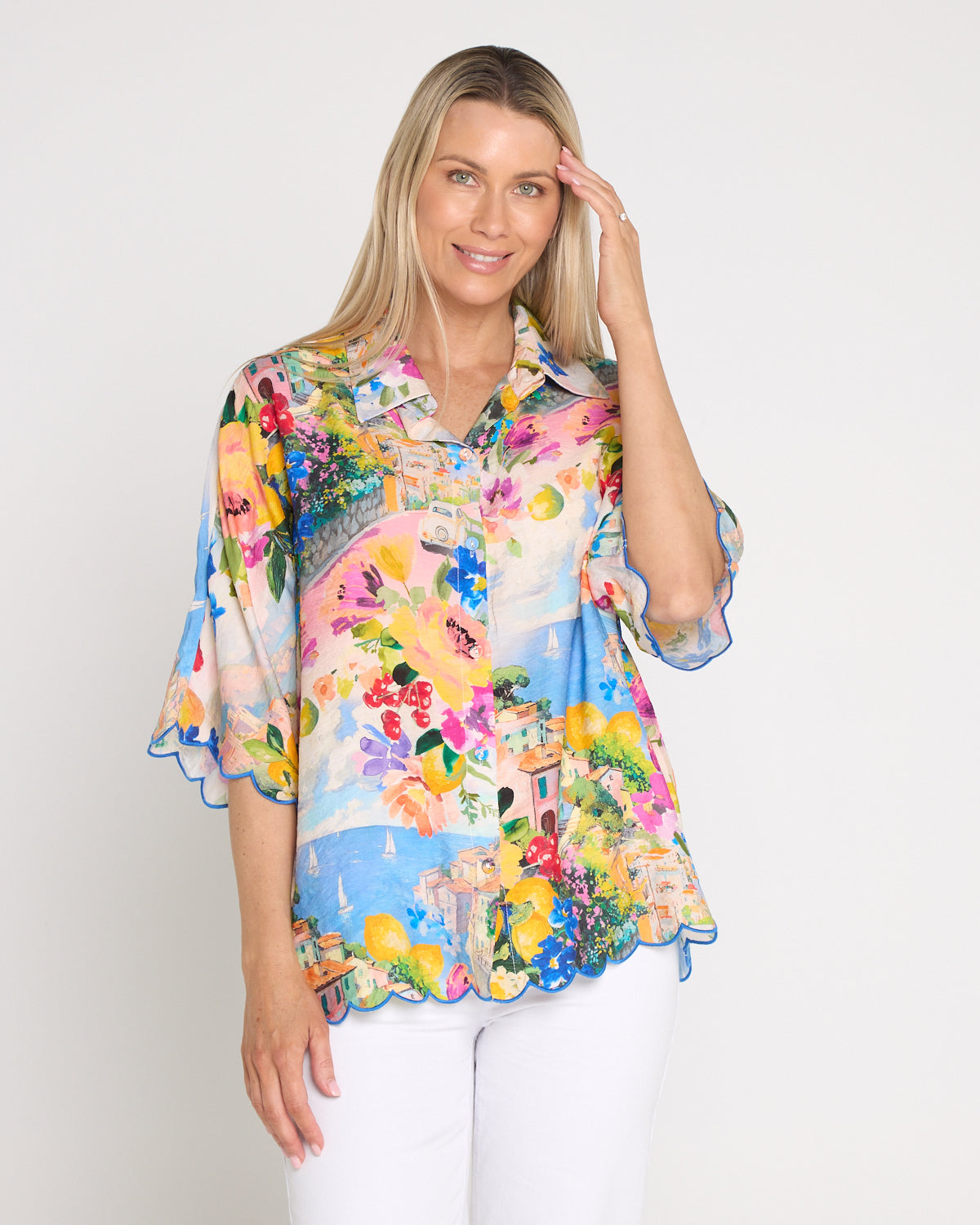 Costa Brava Scallop Sleeve Shirt - Seaside Vista