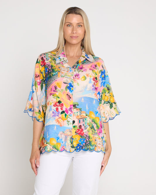 Costa Brava Scallop Sleeve Shirt - Seaside Vista