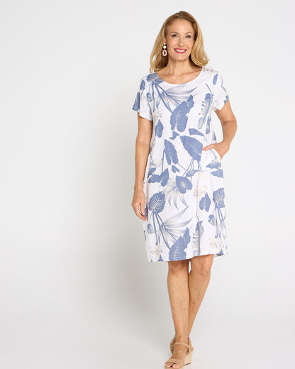 Shaila Dress – White/Denim Botanical
