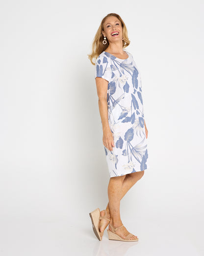 Shaila Dress – White/Denim Botanical